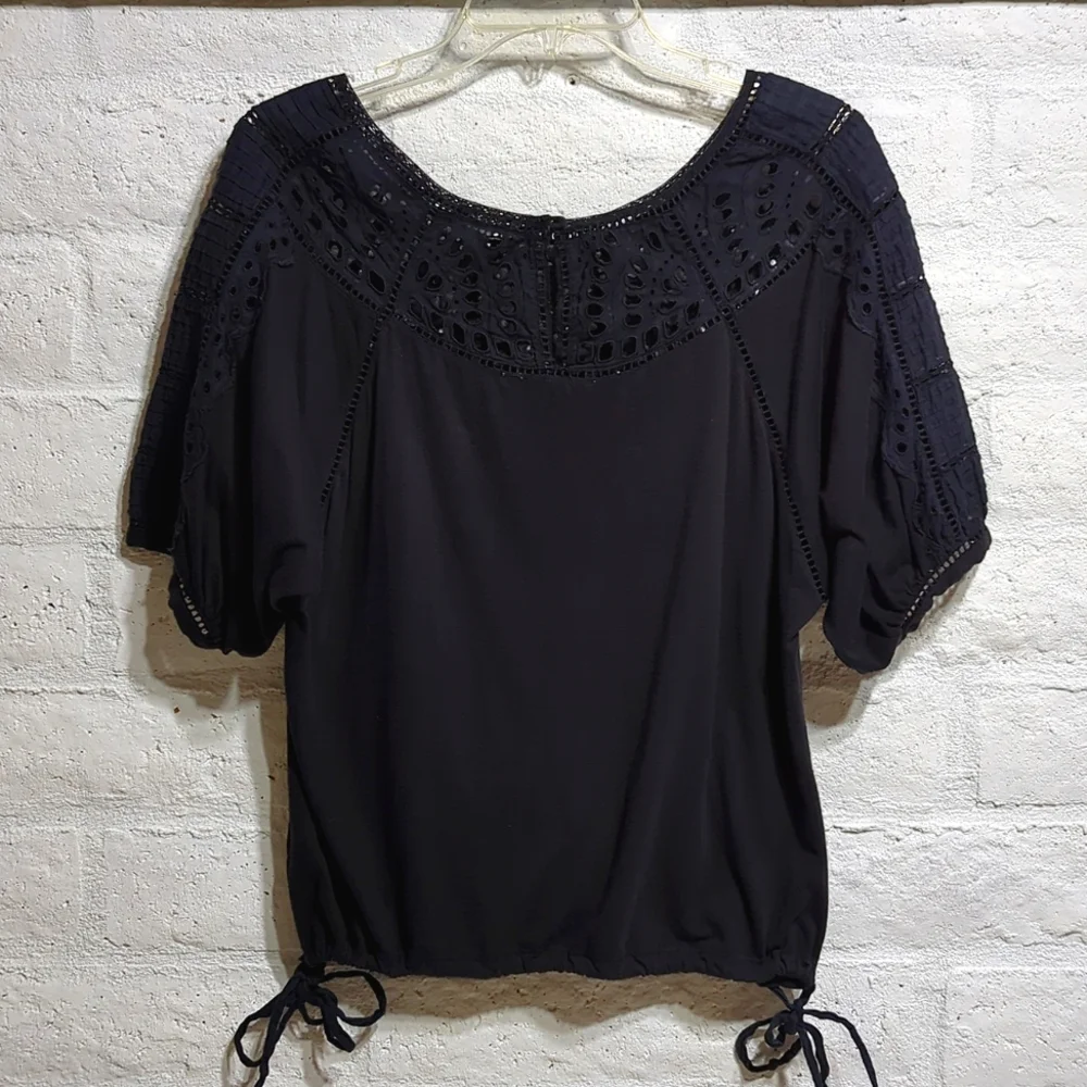 Anthropologie Vanessa Virginia Black Eyelet Lace Cinch Waist Top M